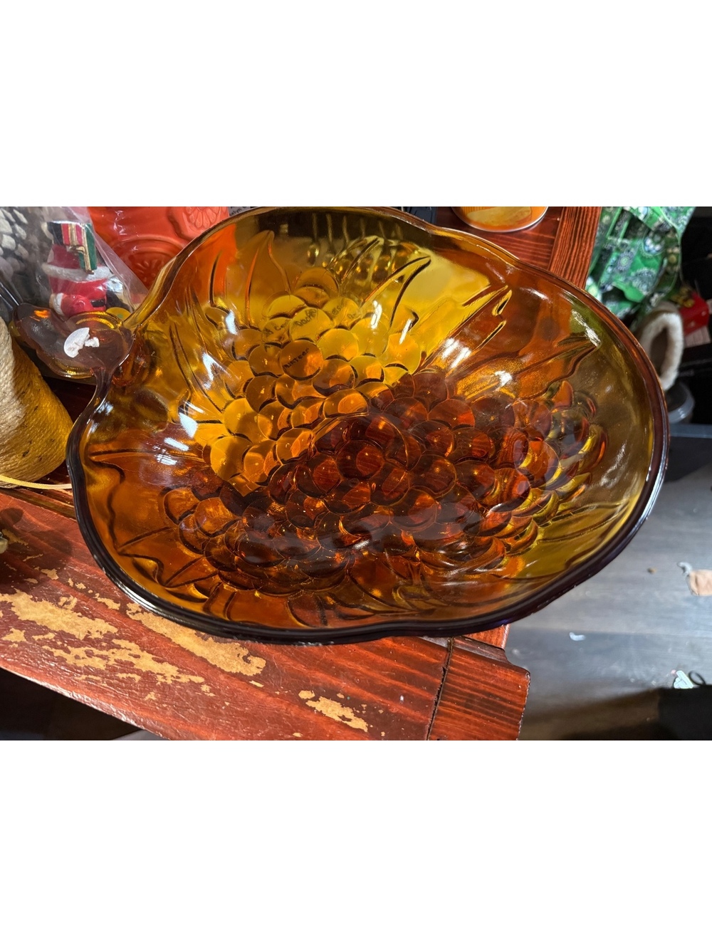 Vintage Amber Glass Grape Pattern Serving Bowl